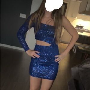 Windsor Blue Sequin One-Shoulder Hoco Mini Dress